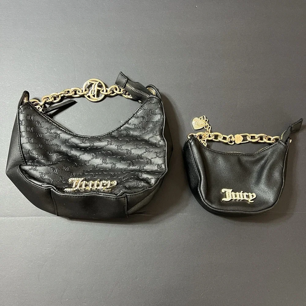 Juicy Couture Black Embossed Logo Chain Strap Hobo Bag Purse Set 2 Piece Y2K